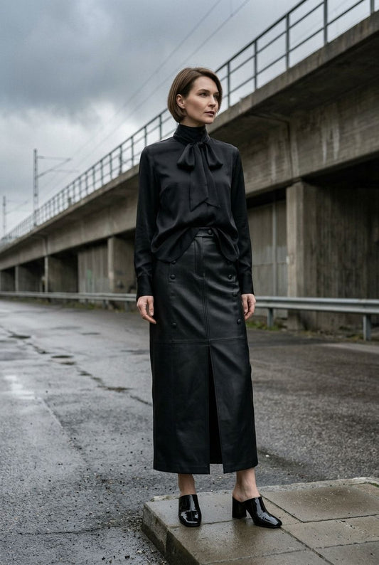 Amelie Maxi Faux Leather Skirt with Button Details - Black