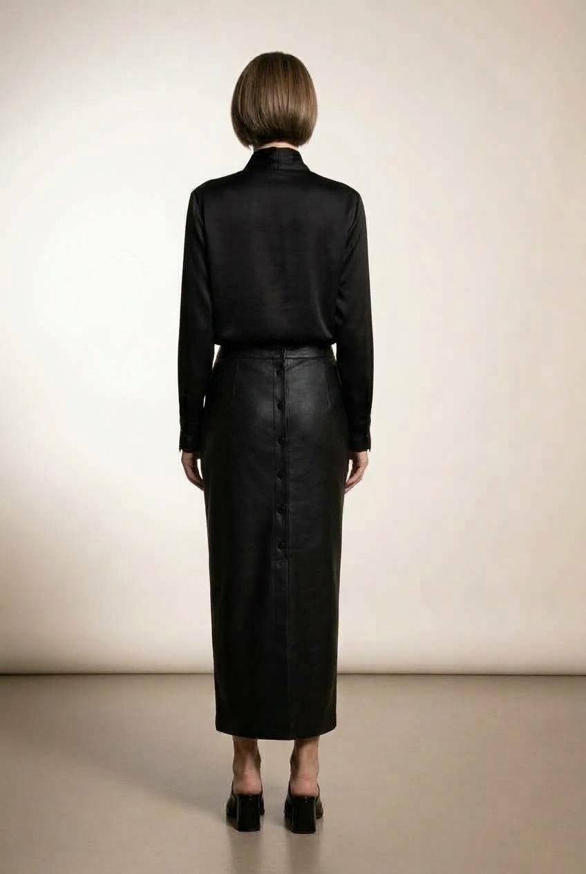 Amelie Maxi Faux Leather Skirt with Button Details - Black