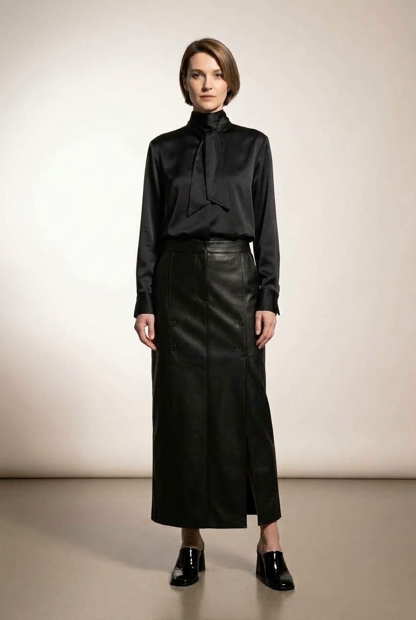 Amelie Maxi Faux Leather Skirt with Button Details - Black