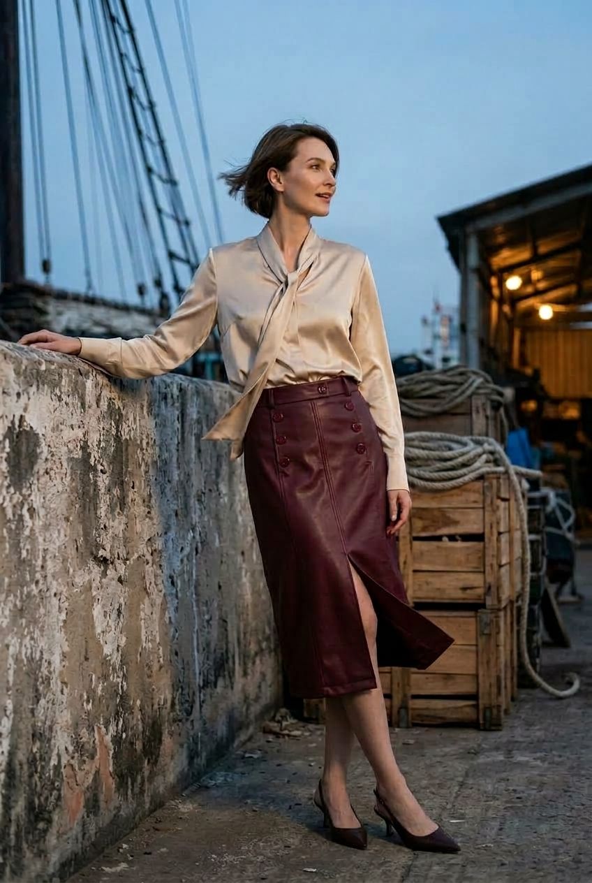 Amelie Maxi Faux Leather Skirt with Button Details - Burgundy