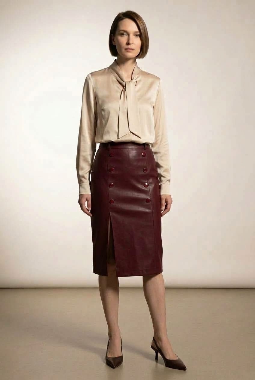 Amelie Maxi Faux Leather Skirt with Button Details - Burgundy