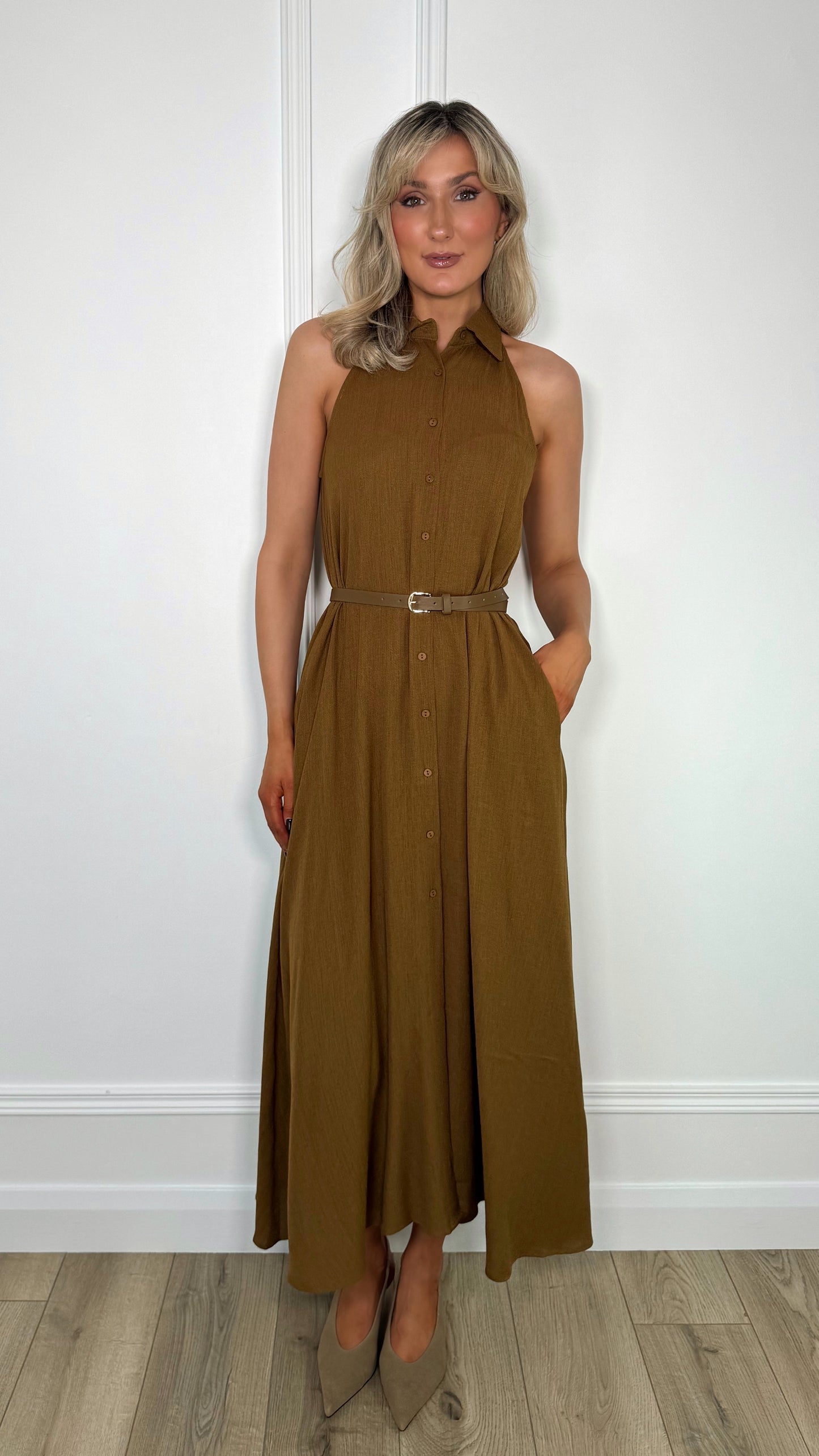 Breda Button Down Belted Dress - Brown