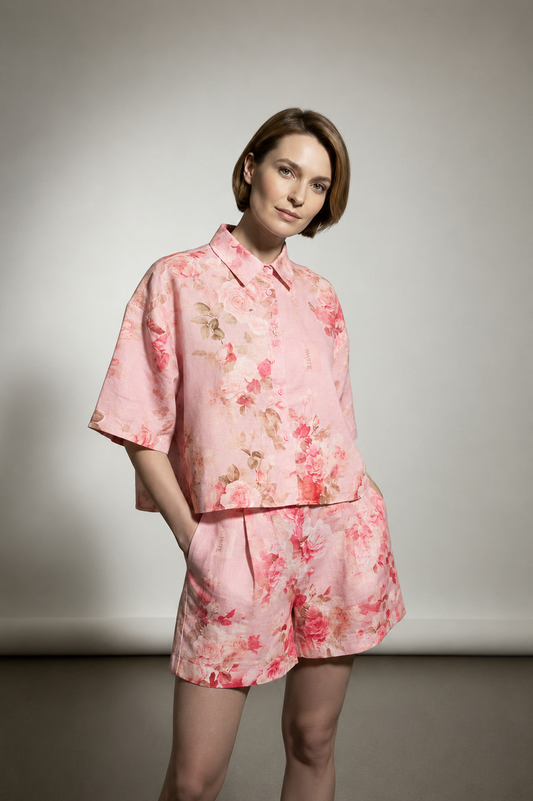 Lunna Linen Cropped Shirt - Pink
