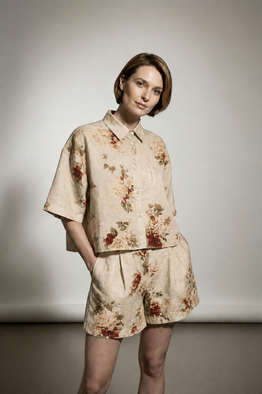 Lunna Linen Cropped Shirt - Beige