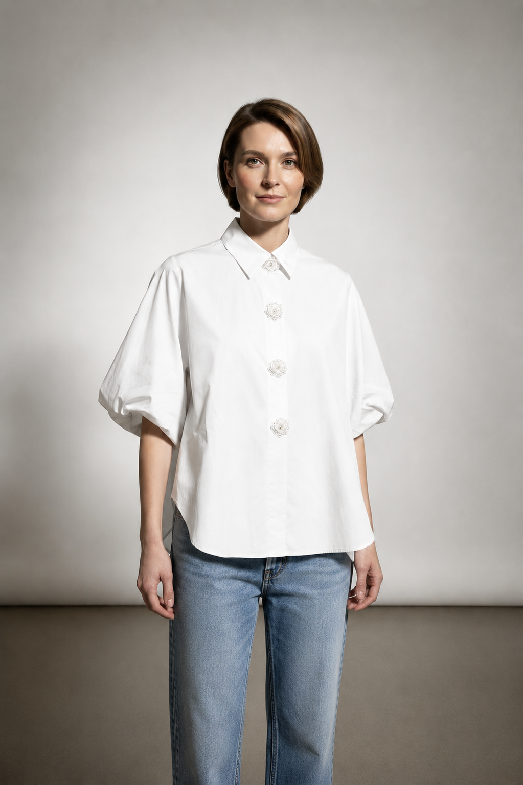Diana Cotton Shirt with Balloon Sleeves - White