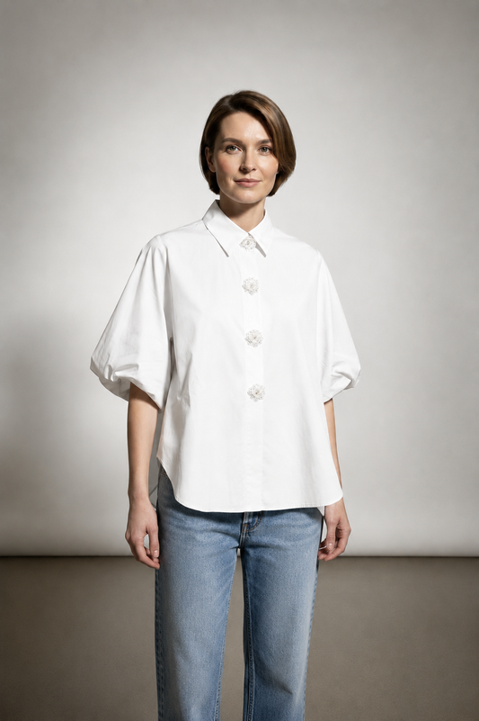 Diana Cotton Shirt with Balloon Sleeves - White