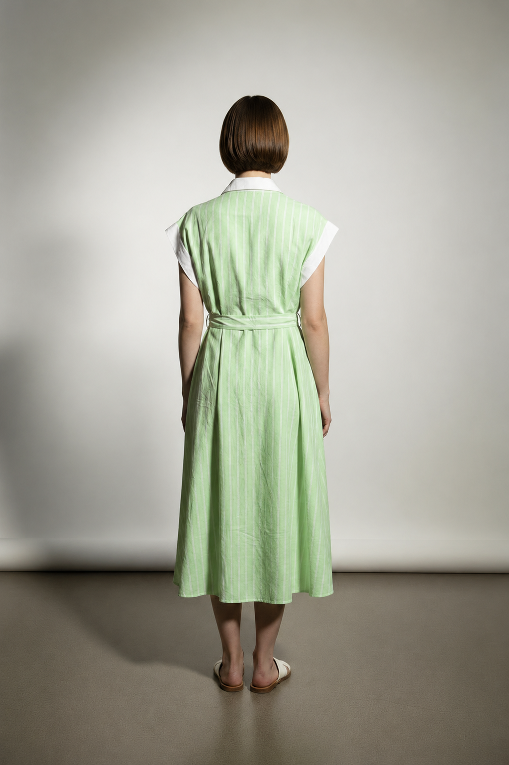 Cynthia Linen Striped Shirt Dress - Lime Green