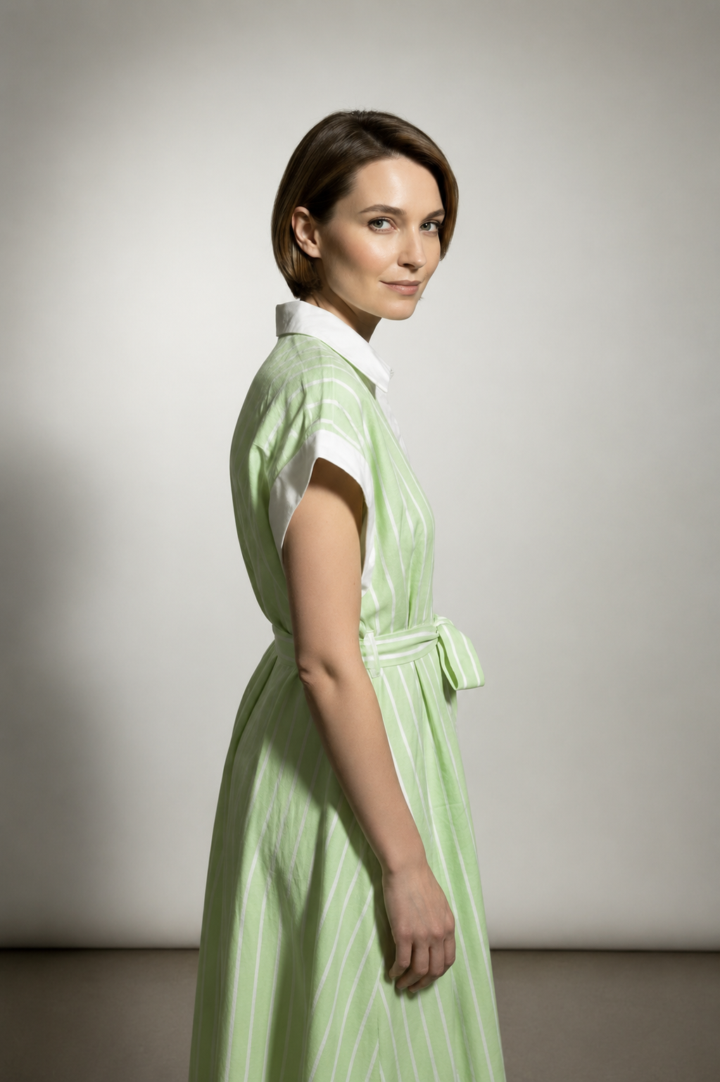 Cynthia Linen Striped Shirt Dress - Lime Green