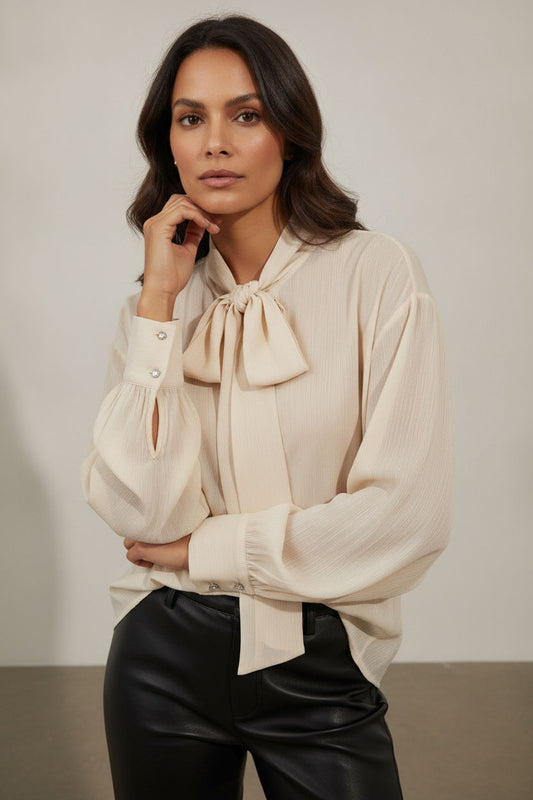 Sophia Satin Bowknot Shirt - Beige