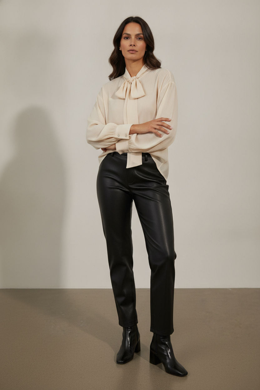 Sophia Satin Bowknot Shirt - Beige