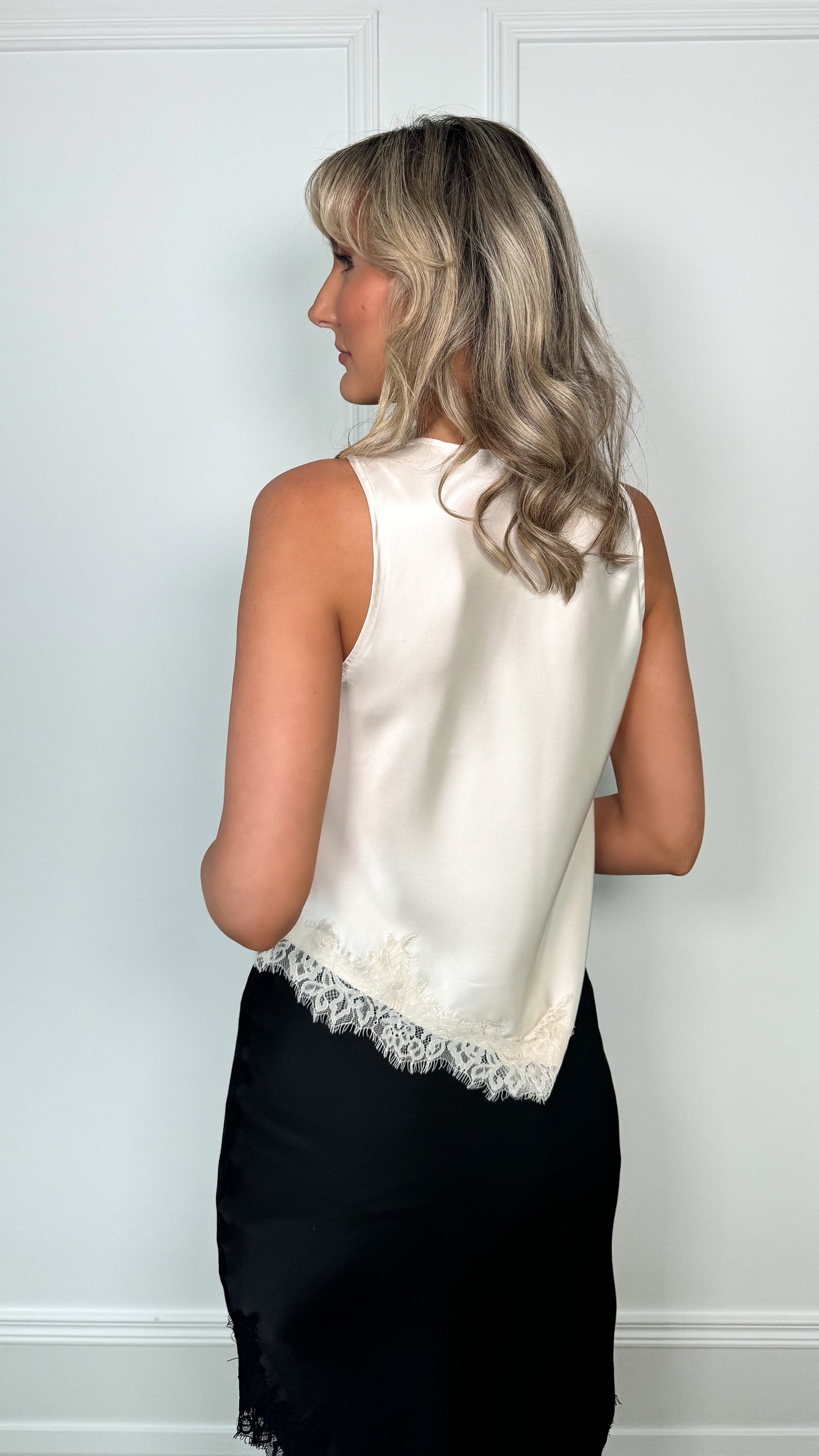 Catherine Satin Top with Crawl Neck and Lace Details - Beige