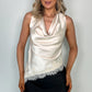 Catherine Satin Top with Crawl Neck and Lace Details - Beige
