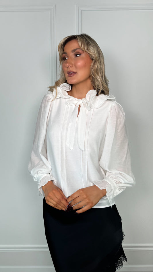 Ann Ruffle Blouser with Bow Tie - White