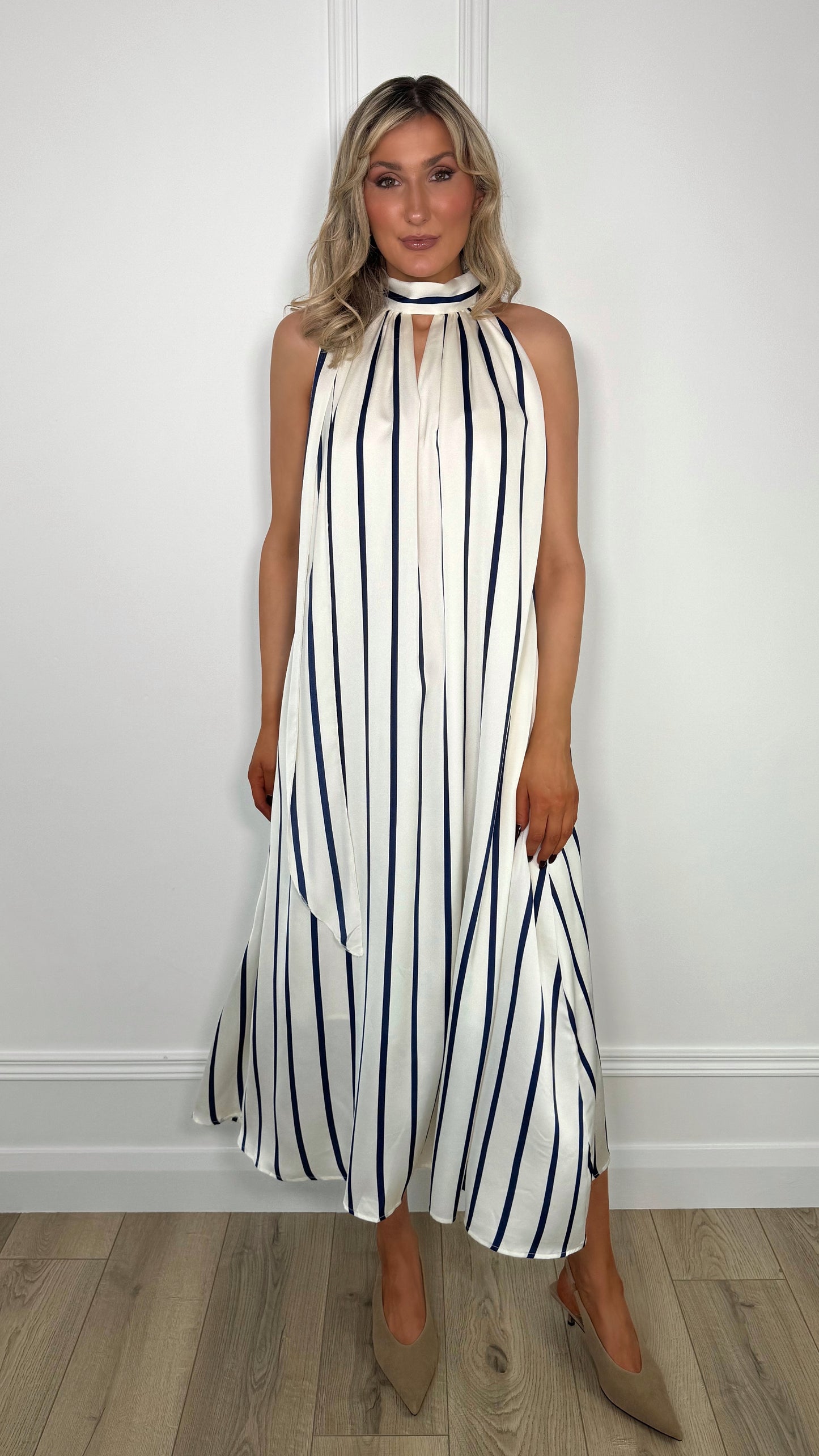 Siobhan Satin Striped Tent Dress - Navy and White