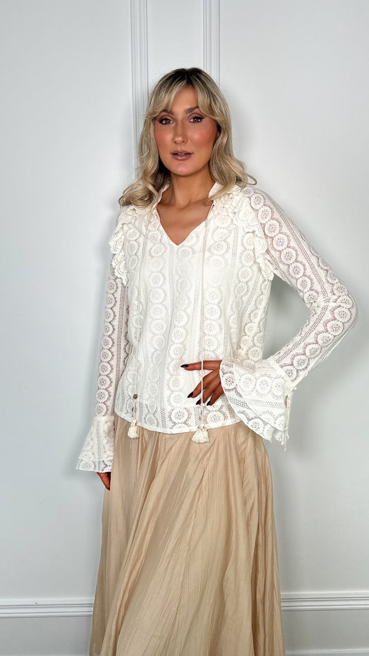 Karen Lace Boho Blouse - Beige