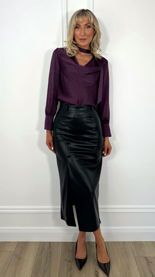 Amelie Maxi Faux Leather Skirt with Button Details - Black