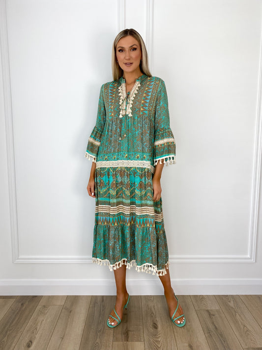 Emma Boho Printed Maxi Dress - Green