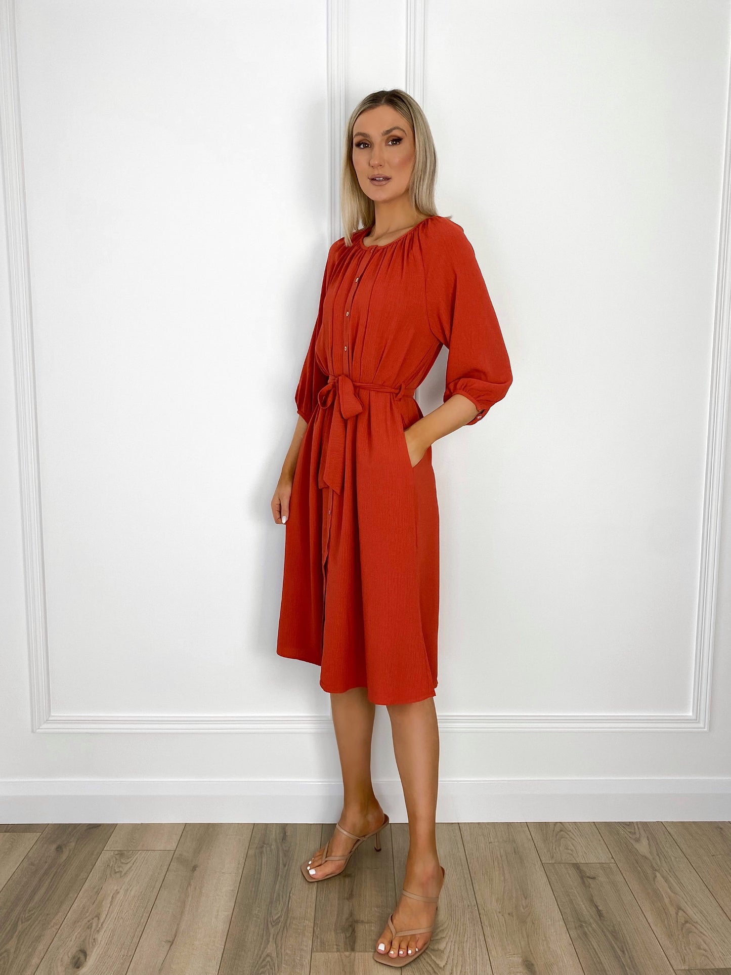 Anne Belted Shirt Dress - Rust