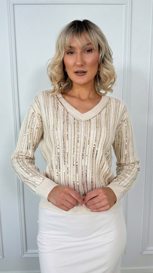 V-neck Jumper with Sequin Pattern - Beige