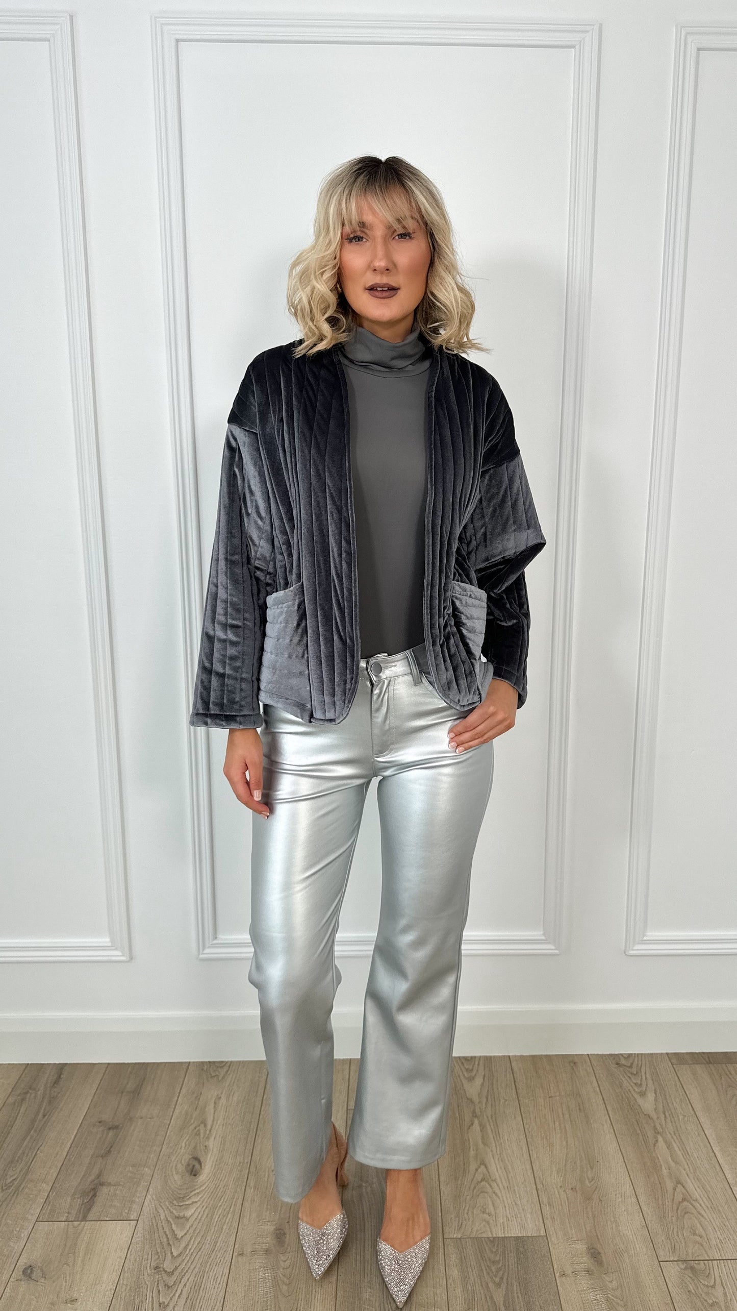 Paloma  Velvet Blazer Jacket with Pockets in Silver