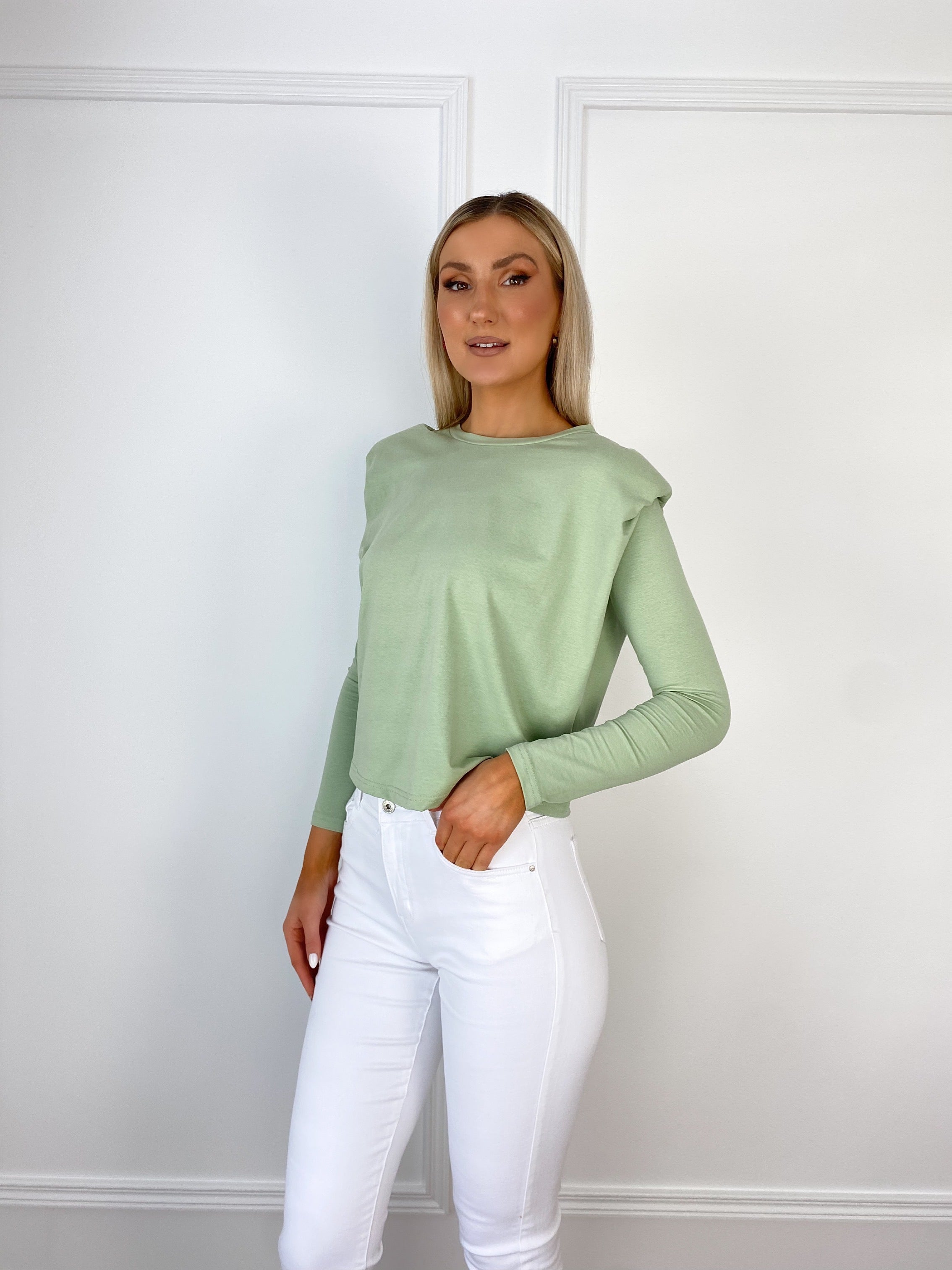 Long sleeve top with shoulder online pads