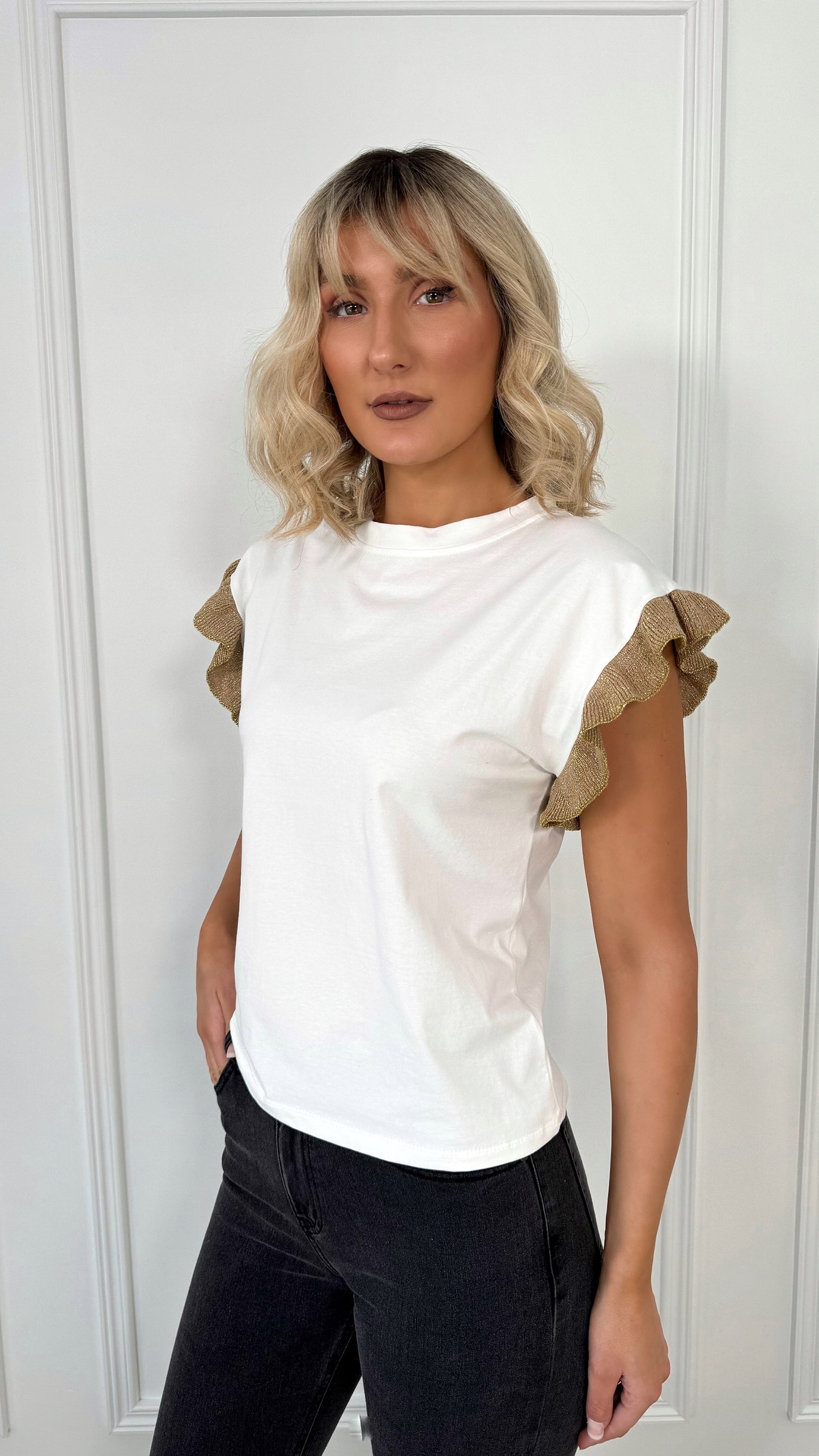 Monica Gold Ruffle Short Sleeves Top - White