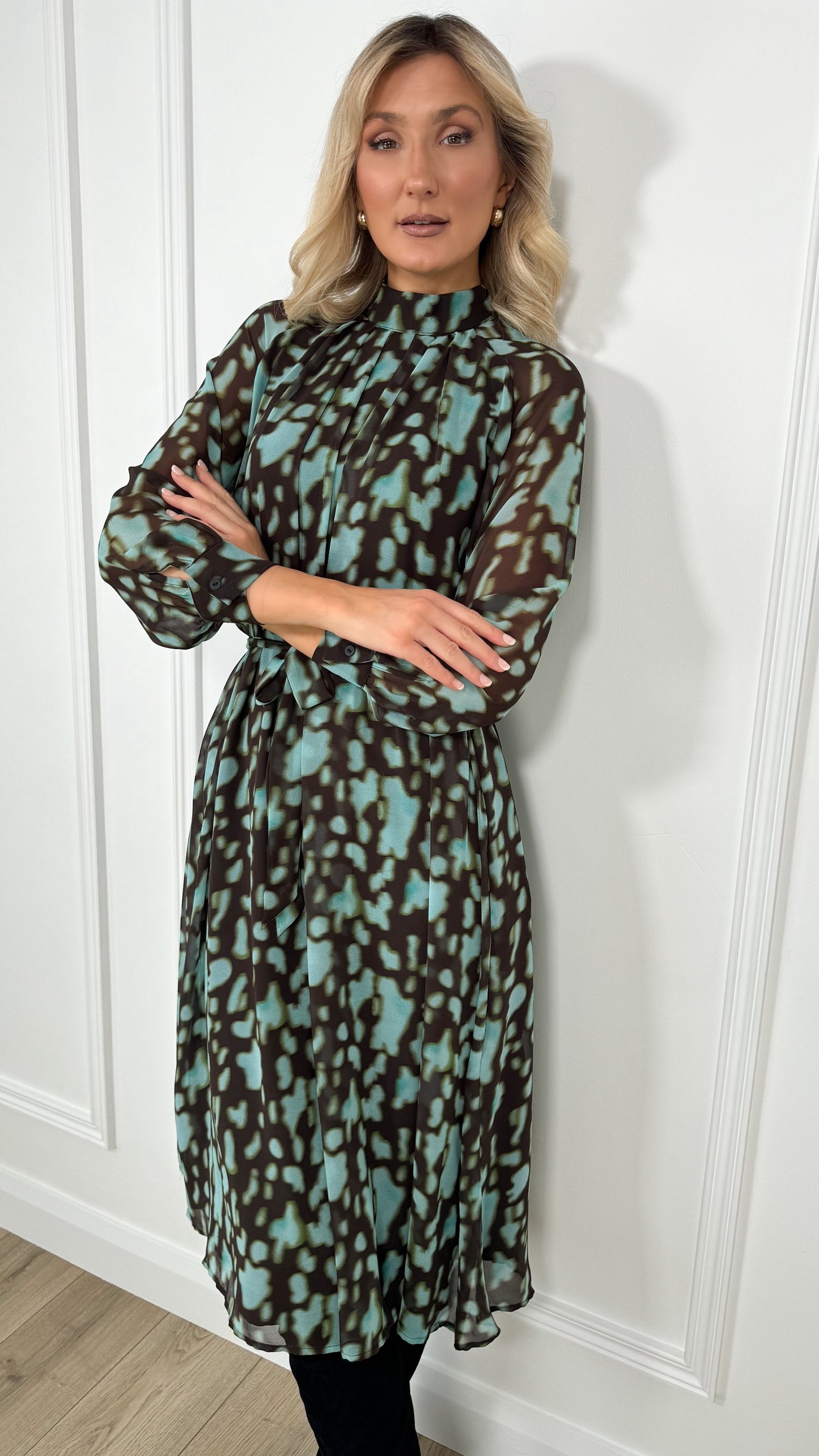 Amelia Printed High Neck Dress - Brown and Teal