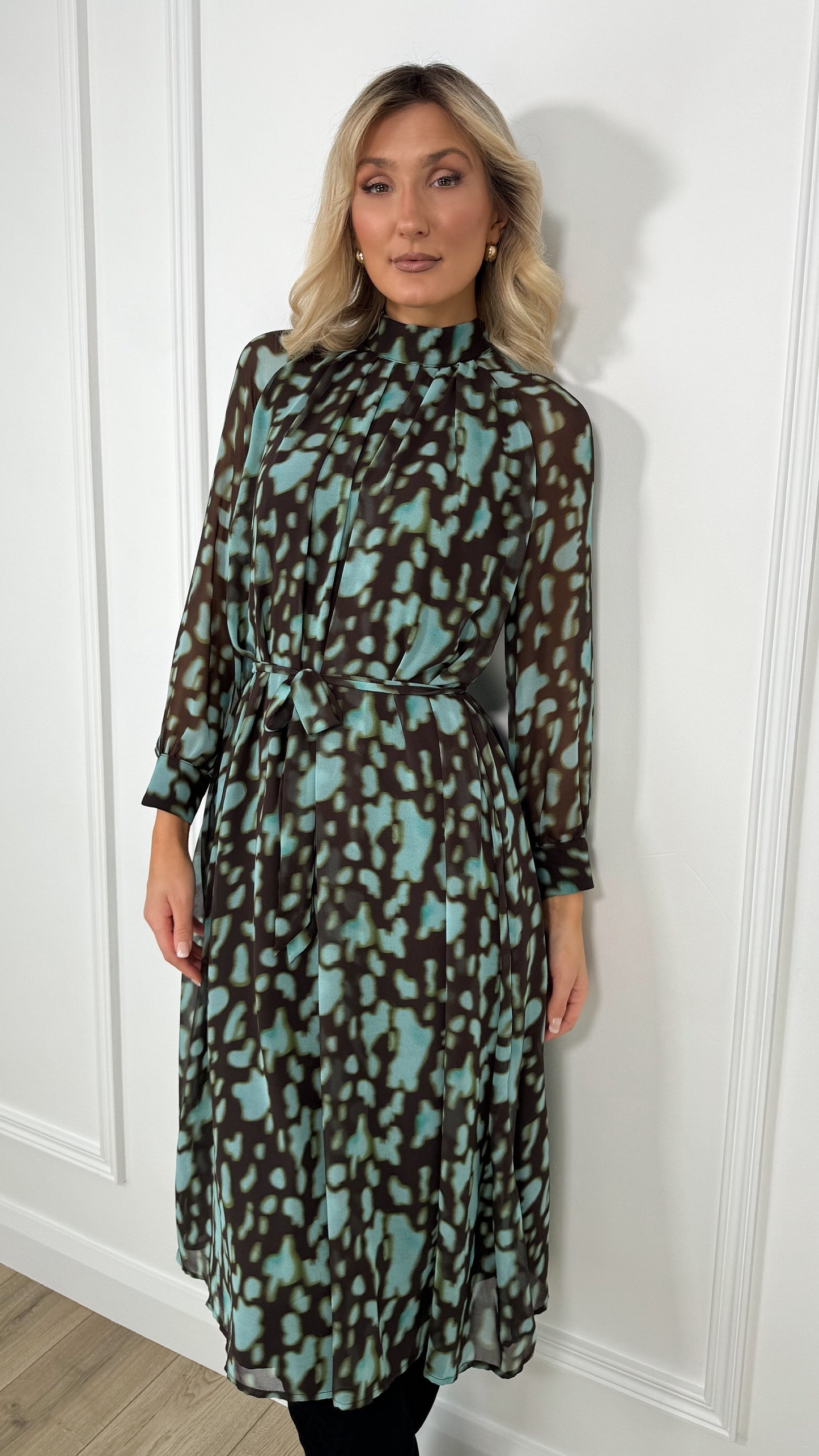 Amelia Printed High Neck Dress - Brown and Teal