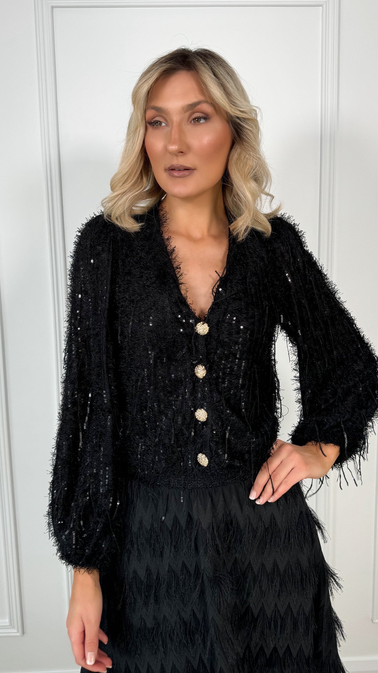 Emma Fringe Cardigan with Balloon Sleeves - Black