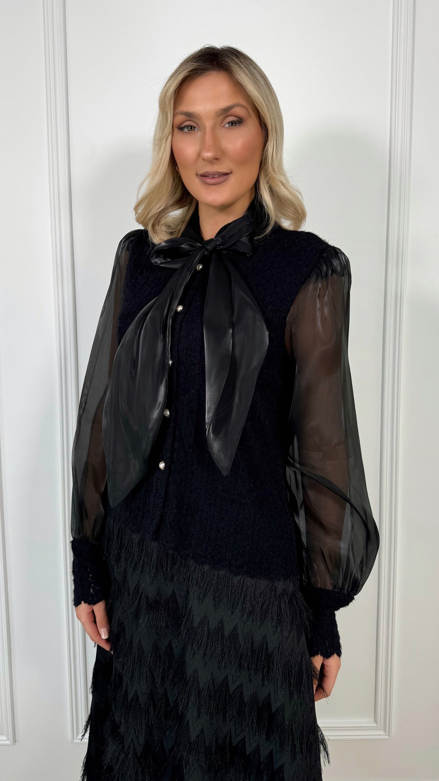 Sarah Bowknot Furry Blouse with See Through Sleeves - Black