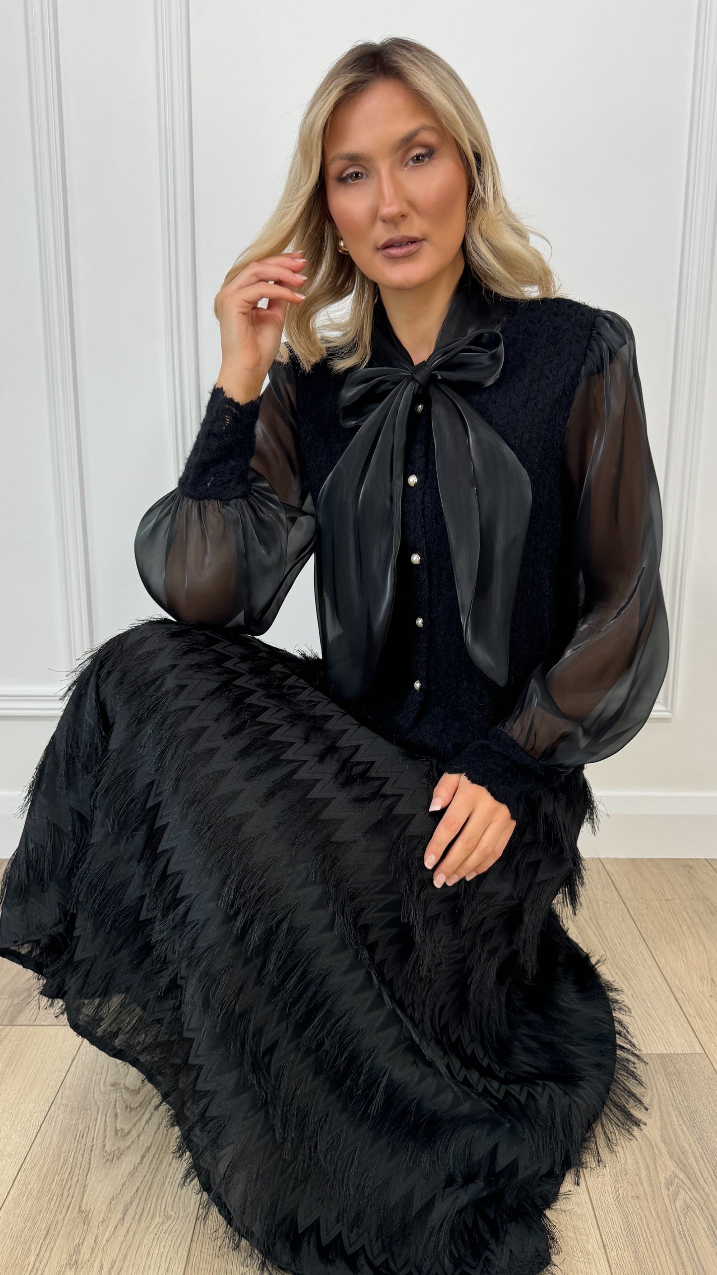 Sarah Bowknot Furry Blouse with See Through Sleeves - Black