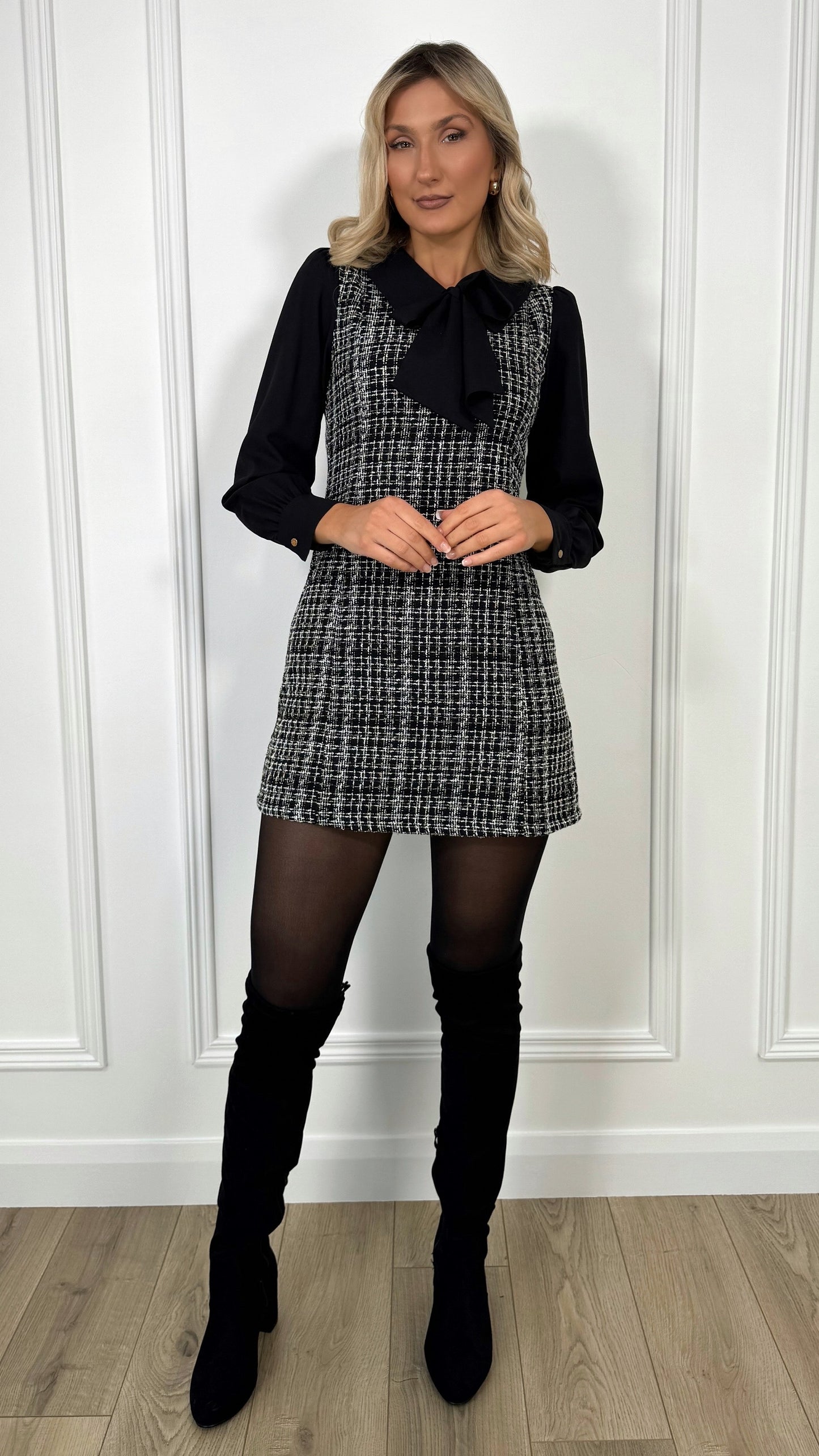 Emily Bowknot Check Mini Dress - Black