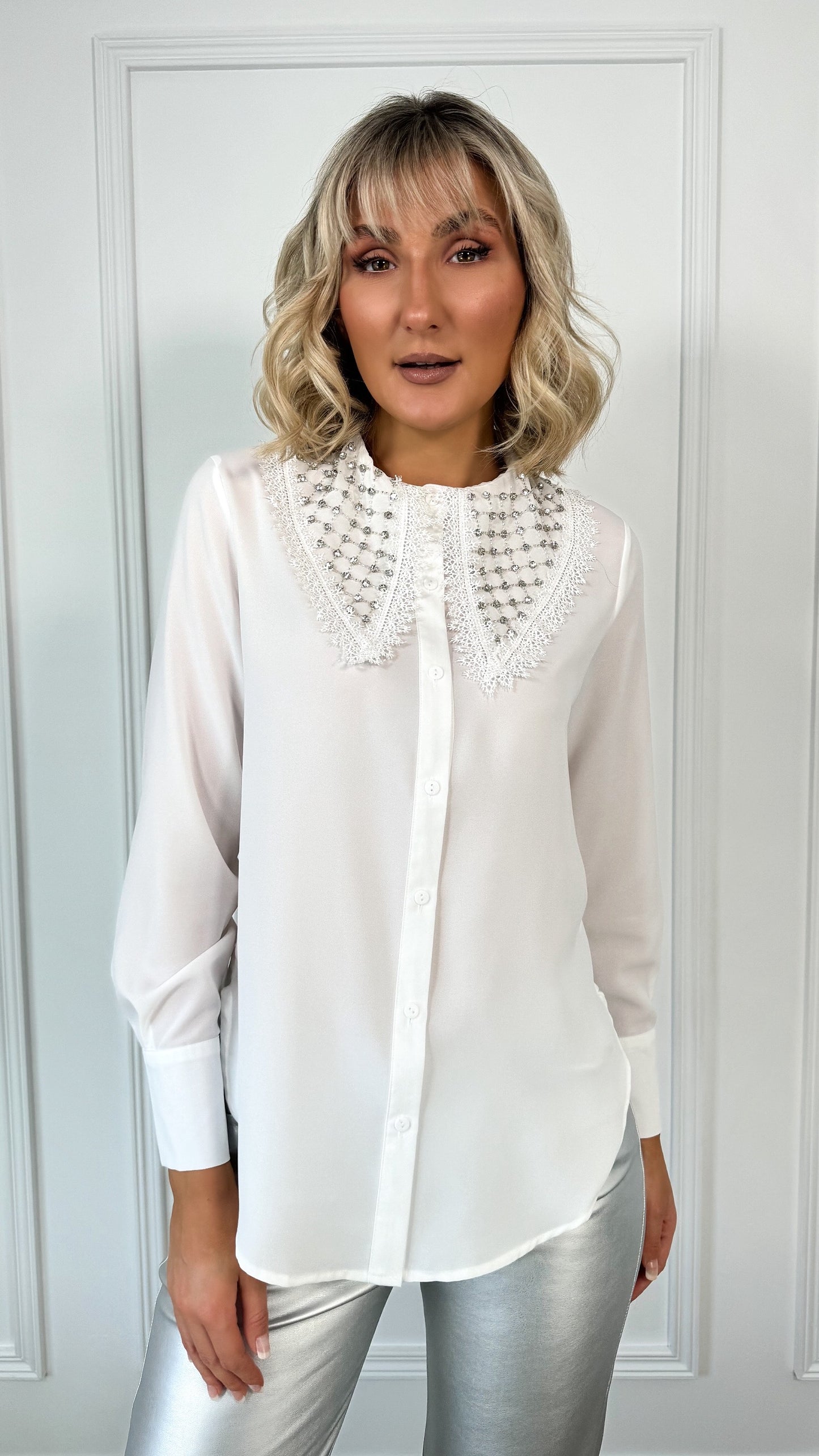 Bella Satin Shirt With Silver Stones Collar - White