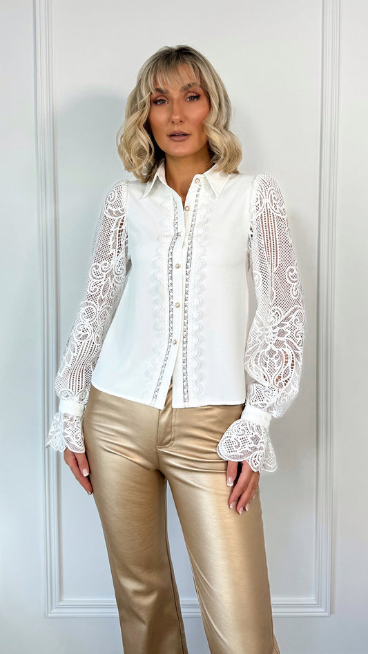 Lynda Embroidered Button Down Shirt - White