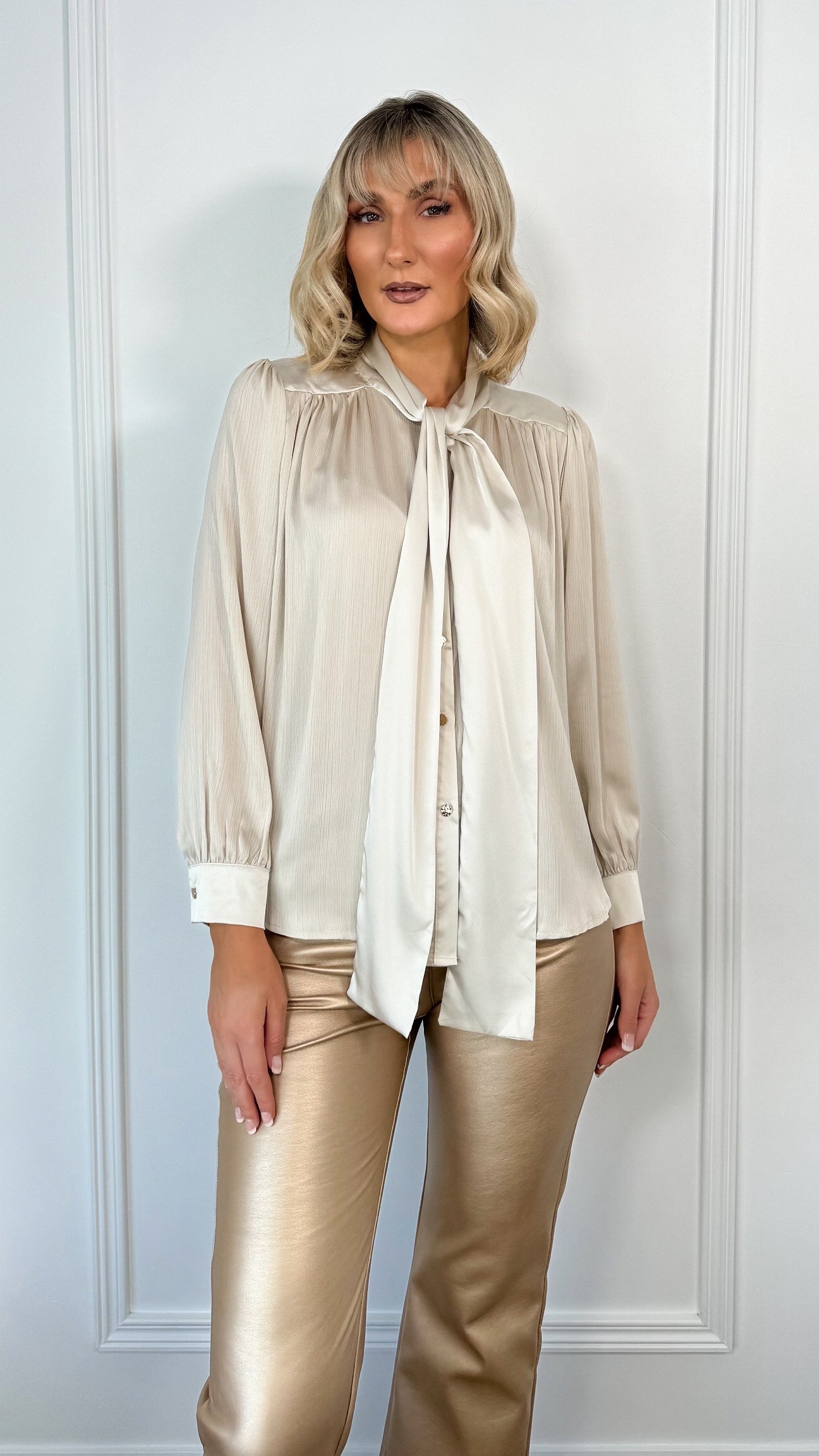 Sophia Satin Bowknot Shirt - Beige