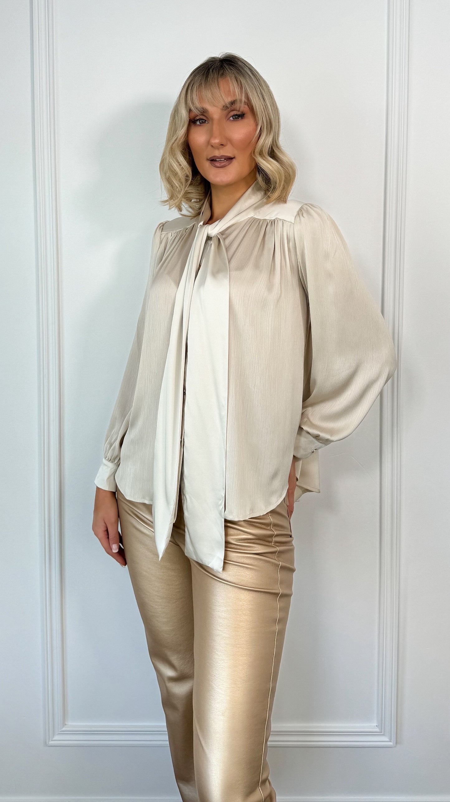 Sophia Satin Bowknot Shirt - Beige