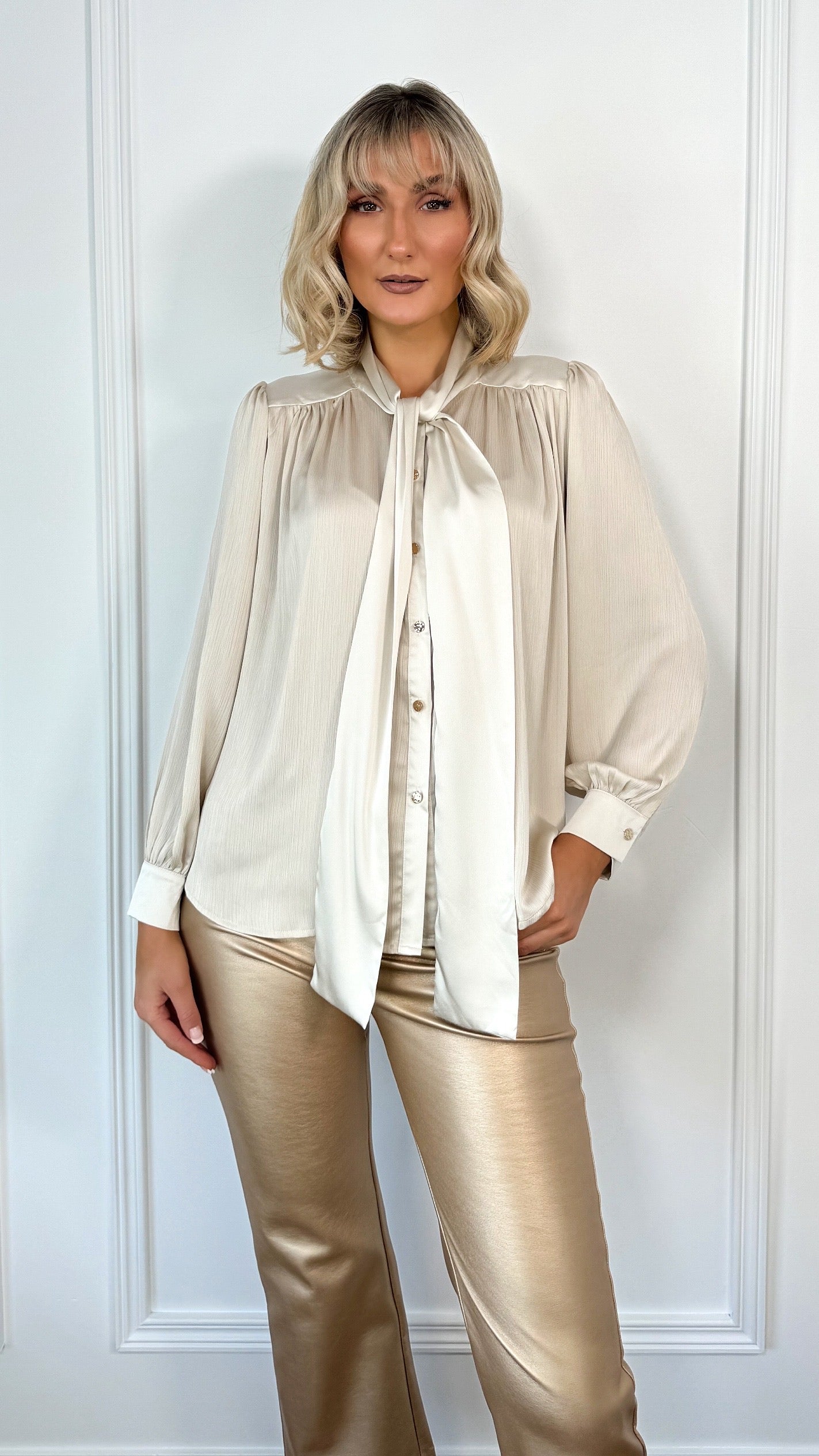 Sophia Satin Bowknot Shirt - Beige