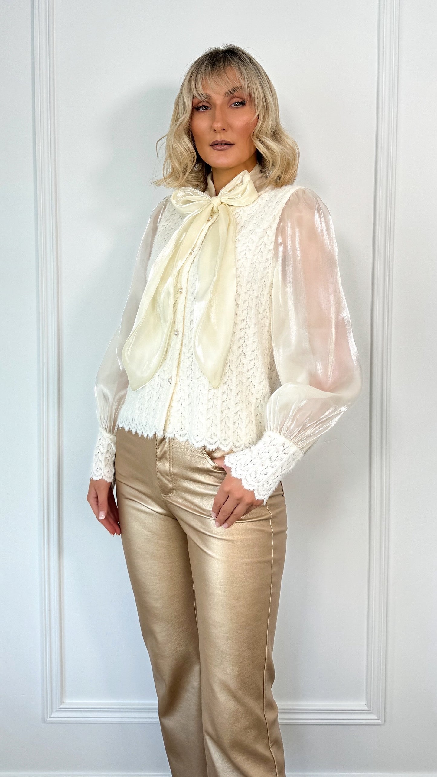 Sarah Bowknot Furry Blouse with See Through Sleeves - Beige