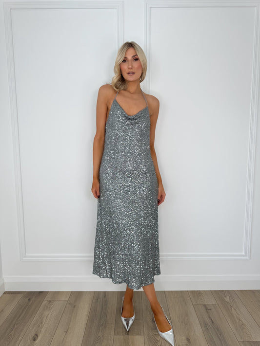 Strappy Sequin Maxi Dress - Silver