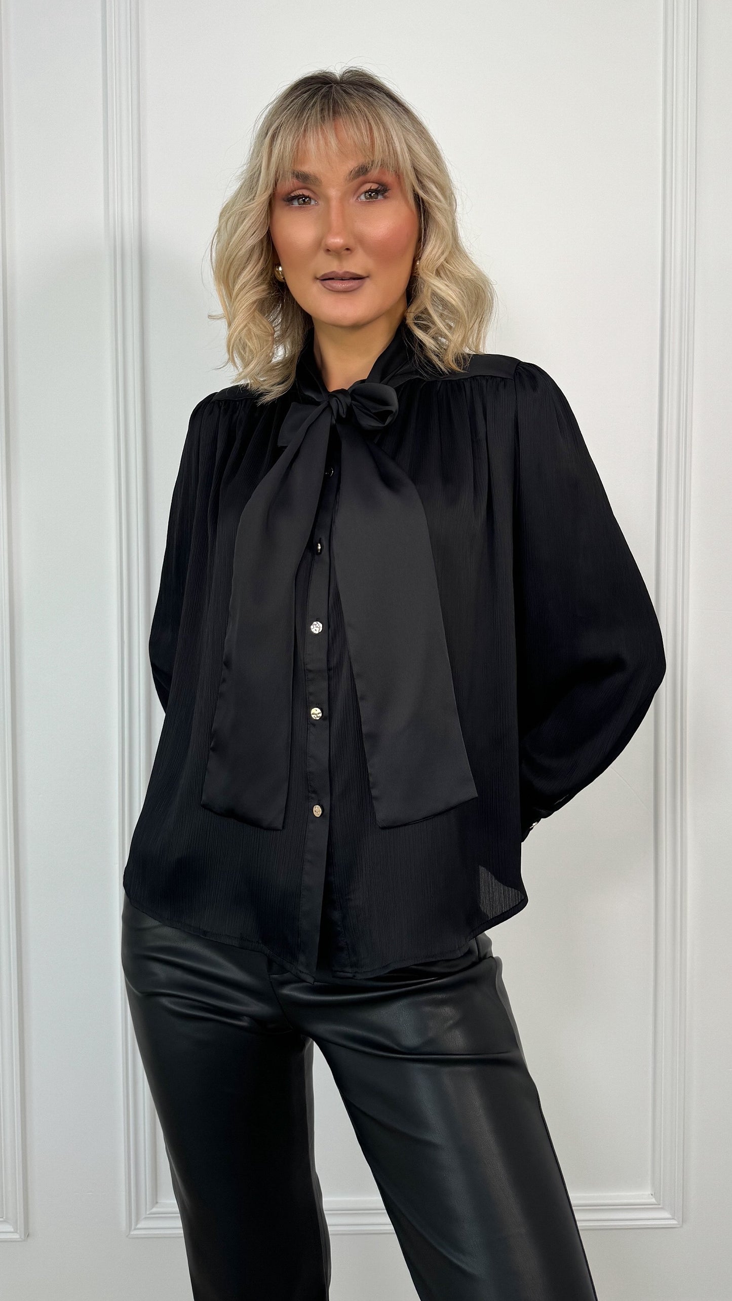 Sophia Satin Bowknot Shirt - Black