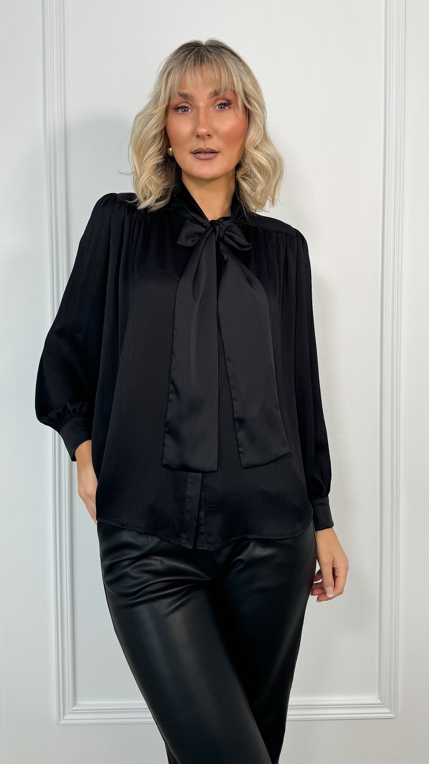 Sophia Satin Bowknot Shirt - Black