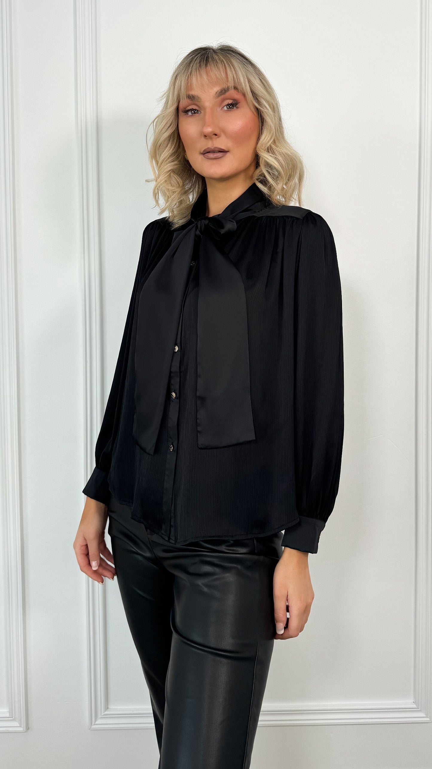 Sophia Satin Bowknot Shirt - Black