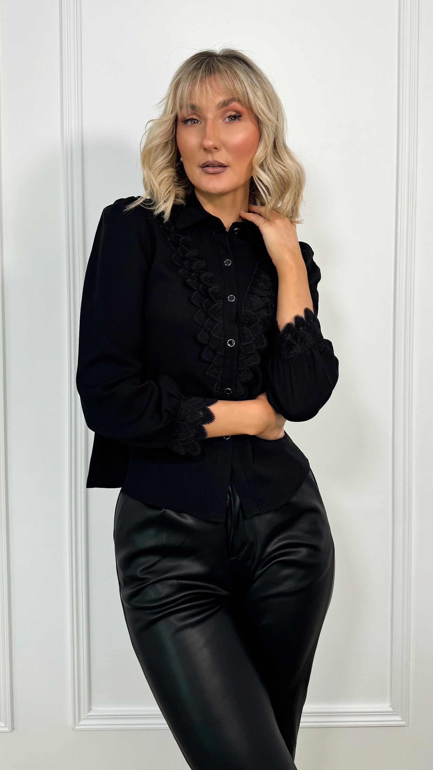 Sarah Button Down Blouse with Broderie Detail - Black