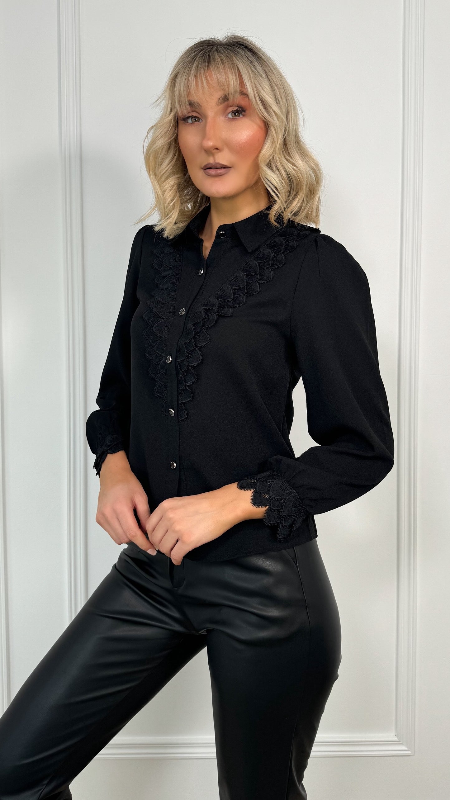 Sarah Button Down Blouse with Broderie Detail - Black