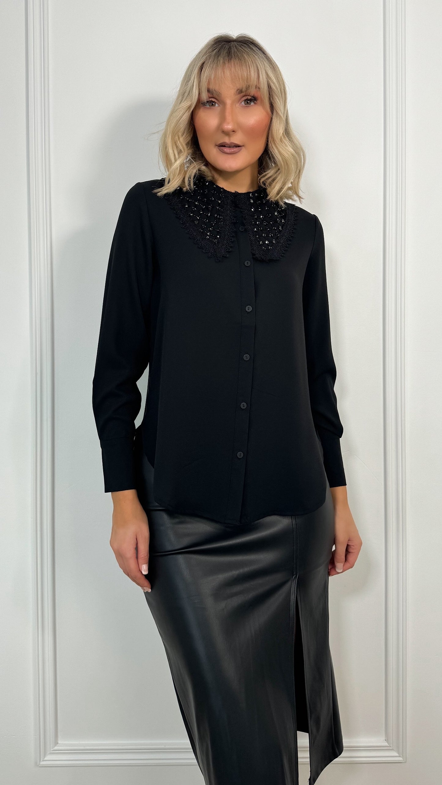 Bella Satin Shirt With Stones Collar - Black