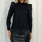 Rachel Button Down Blouse with Embroidered Sleeves - Black