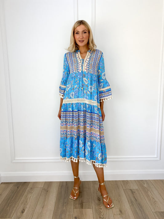 Emma Boho Printed Maxi Dress - Blue