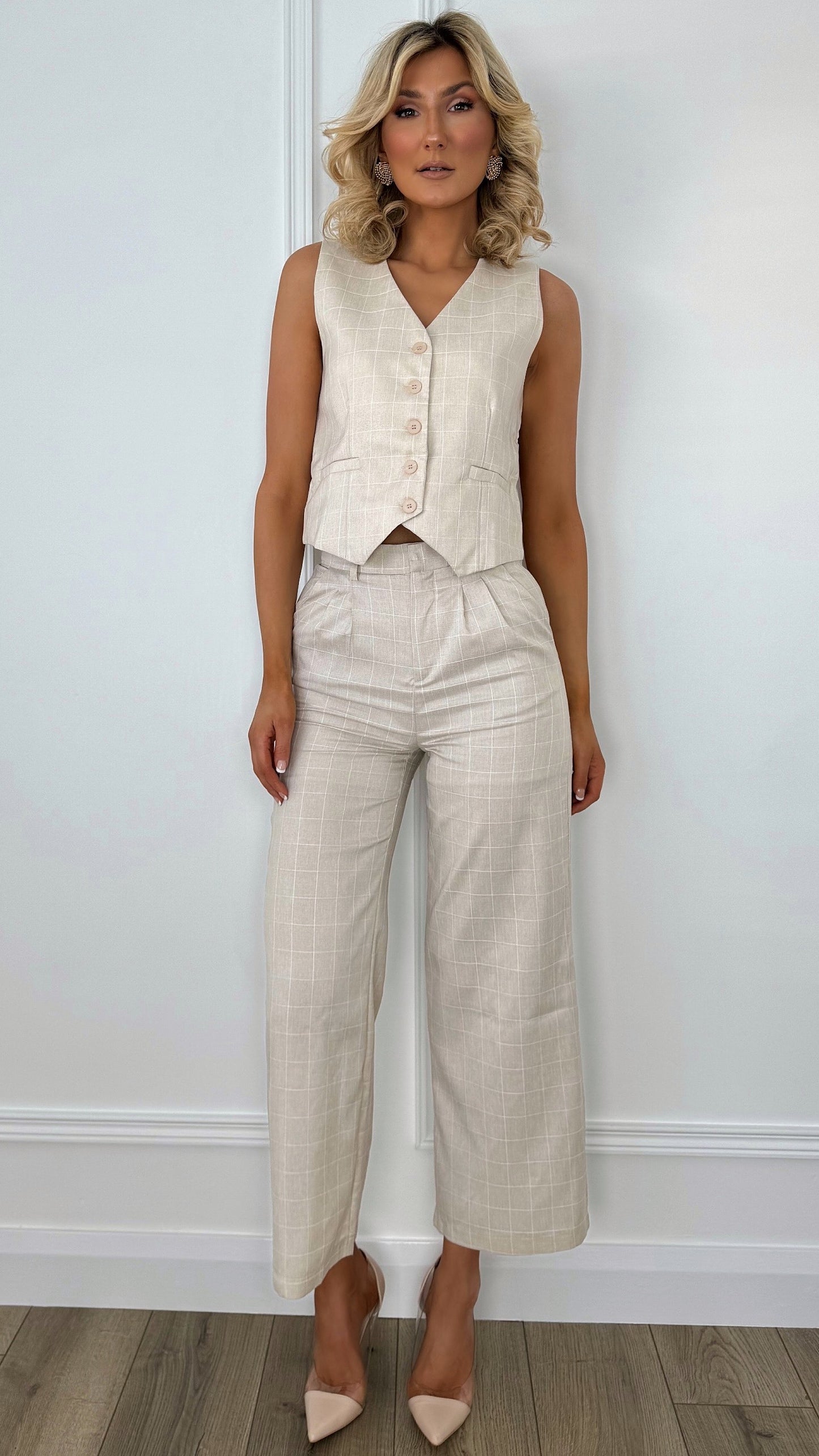 Daisy Tailored Check Wide Leg Trousers - Beige