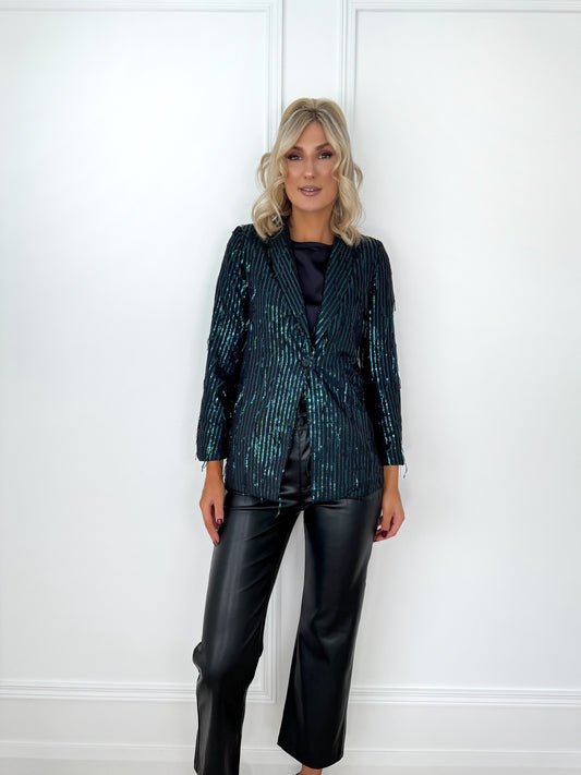 Single Breasted Sequin Blazer - Green