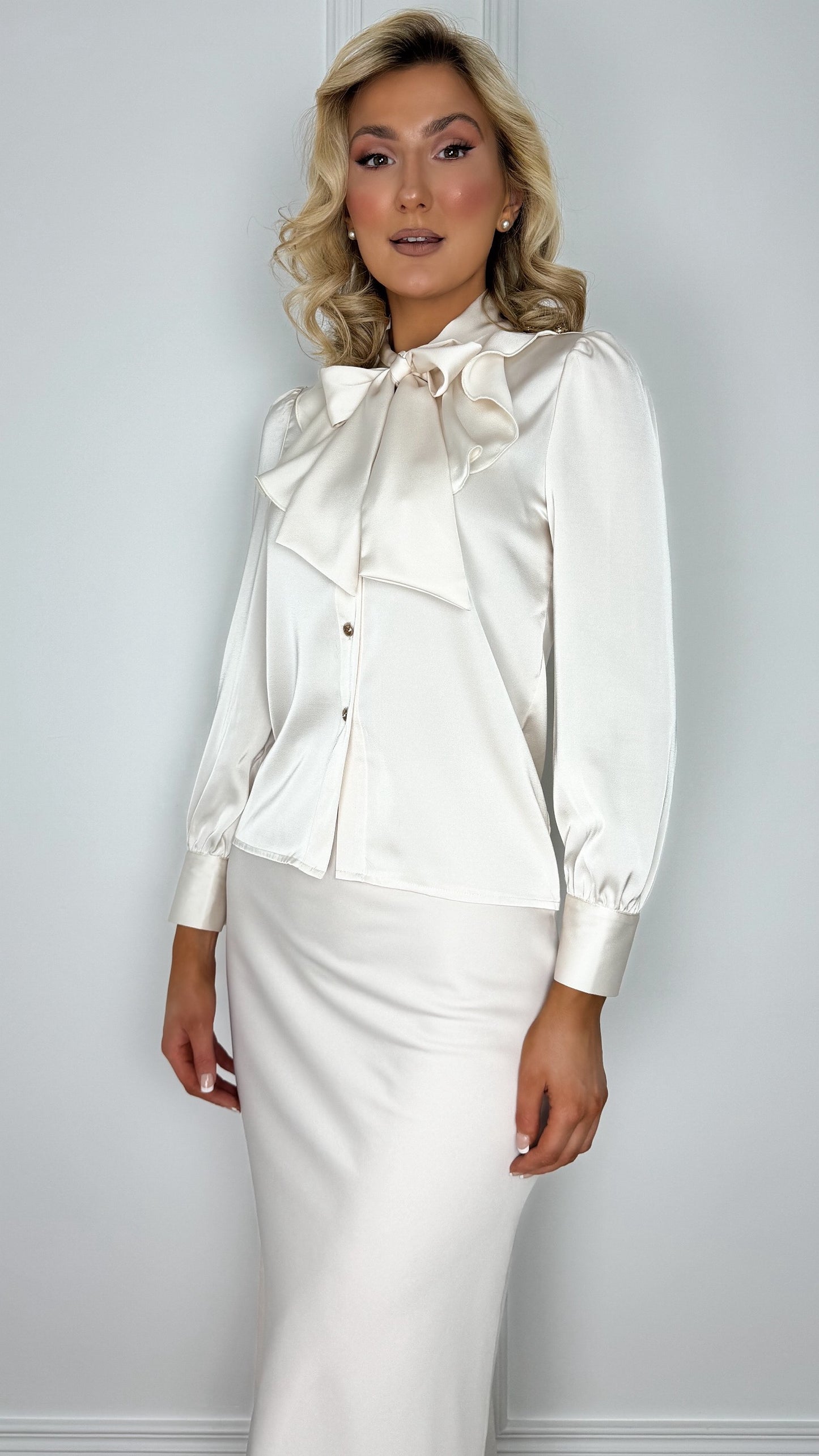 Norah Satin Shirt with Bow Tie - Light Beige